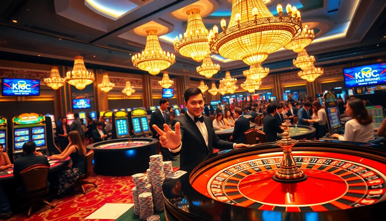 Liên Minh KJC showcases a thrilling casino atmosphere with engaging roulette players and vibrant slot machines.