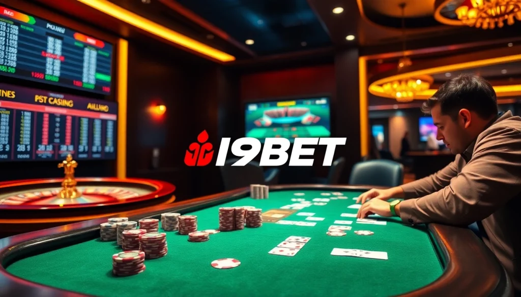 Experience the excitement at nhà cái i9bet with a luxurious casino setting featuring vibrant gaming elements.