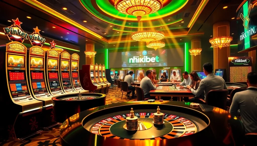 Exciting gambling scene at nhà cái rikbet with poker tables and vibrant slot machines.