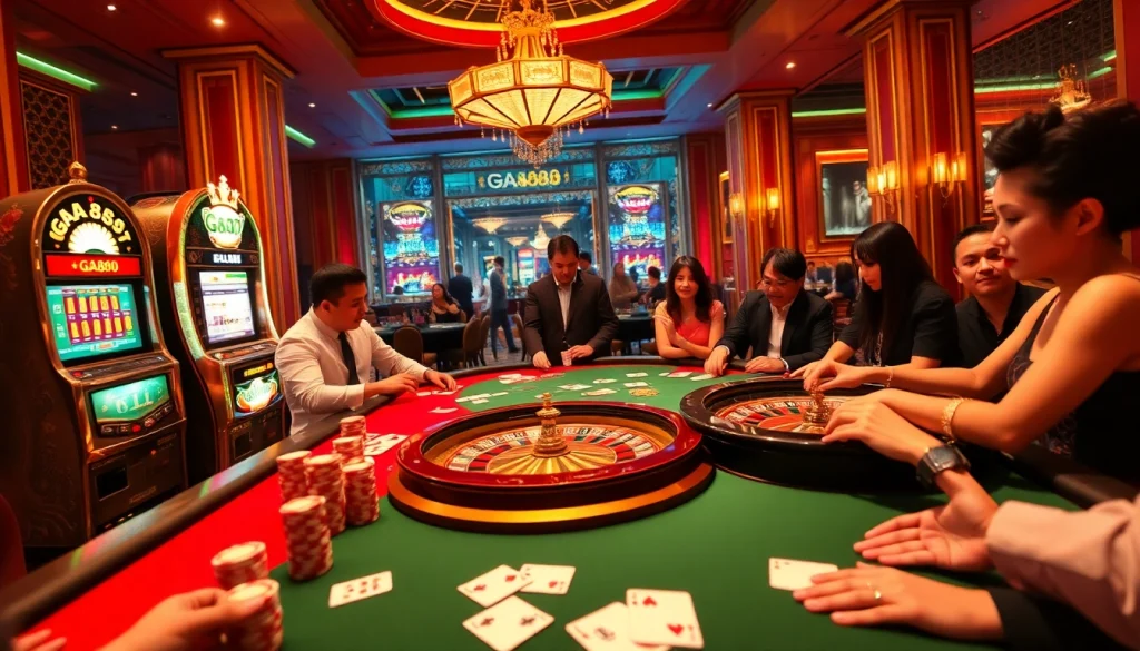 GA888 casino scene showcasing an engaging poker game with vibrant chips and cards.
