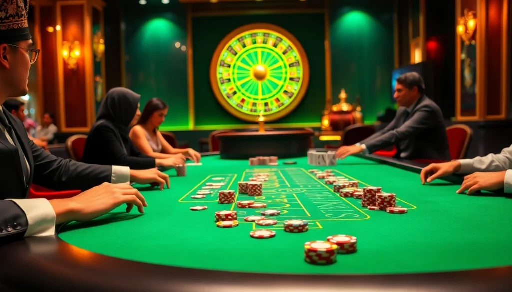 Engaged players at a blackjack table highlighting the excitement of https://mm88.vin/ in a glamorous casino setting.