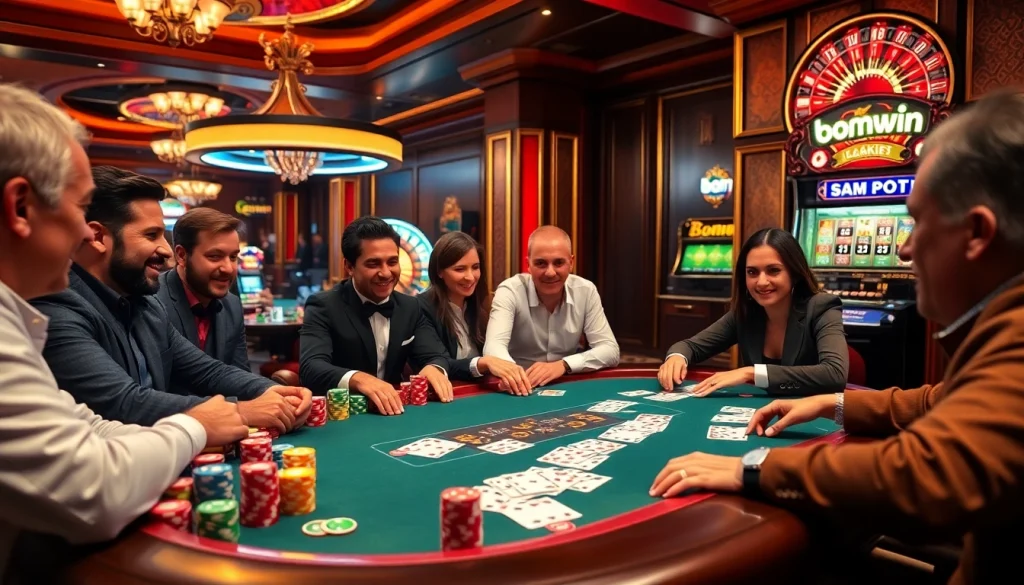 Engaging poker scene at a luxury casino featuring players and vibrant bomwin banners.