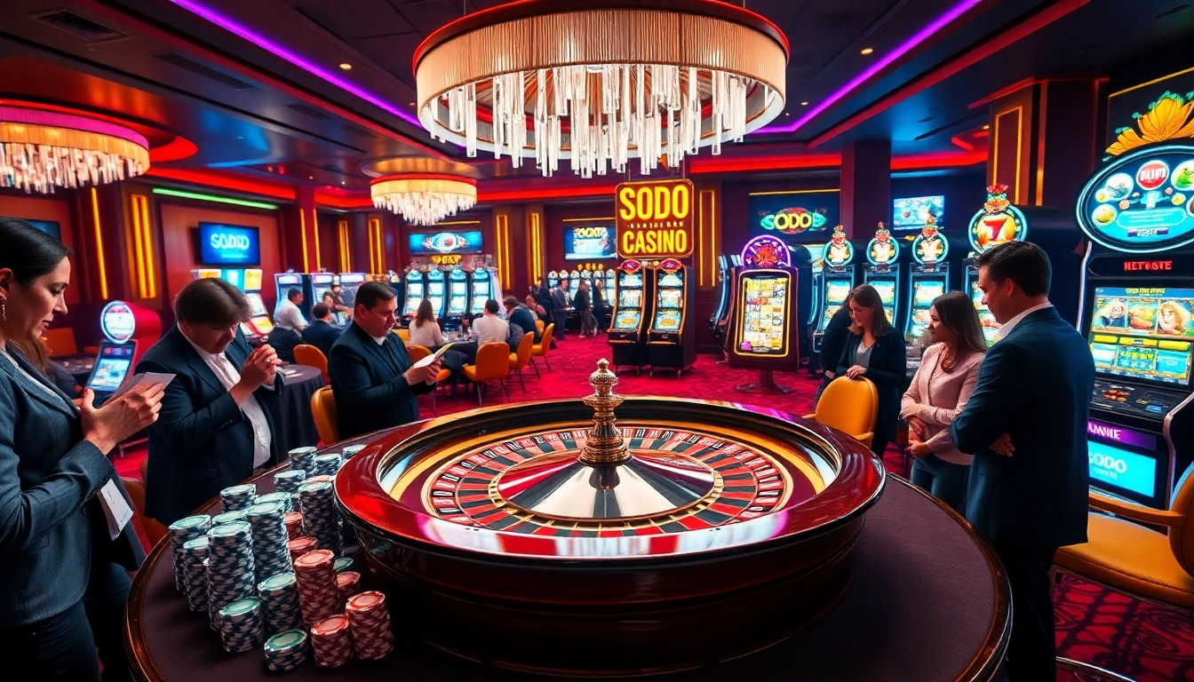 Engaged players at SODO CASINO placing bets alongside a sparkling roulette wheel.