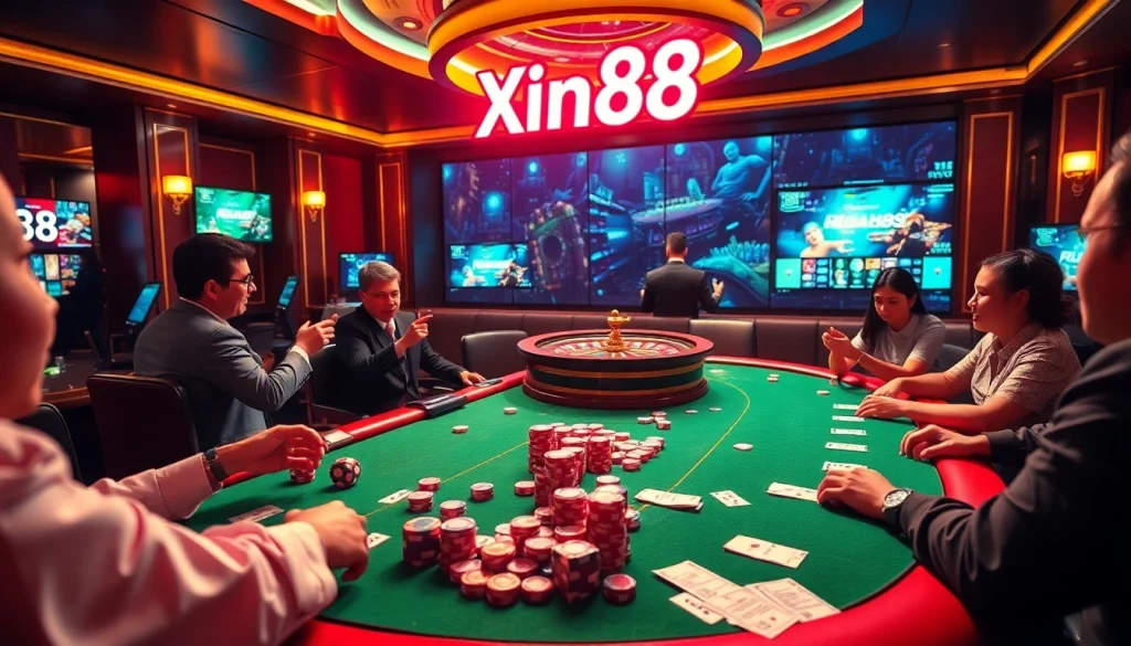 Players enjoying a poker game at Xin88 casino, surrounded by vibrant chips and dice.