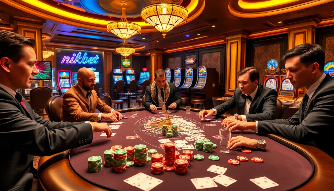 Players strategize at a stylish poker table, exemplifying the excitement of rikbet gambling.