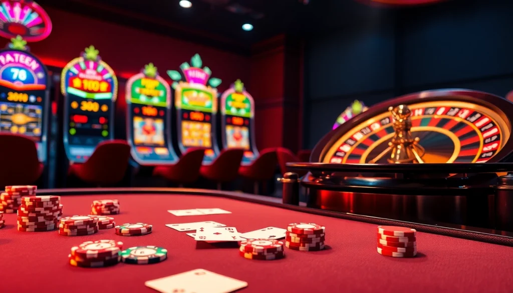 Rasakan sensasi datuk win di kasino yang ramai dengan chip poker, kartu, dan mesin slot.