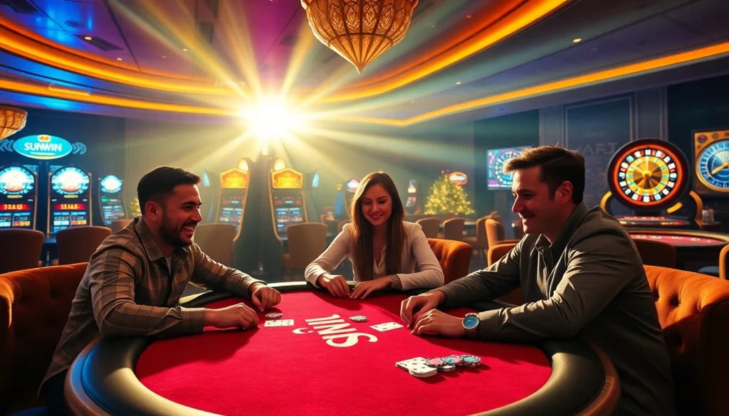 Play poker strategically at sunwin's vibrant casino table with exciting atmosphere.