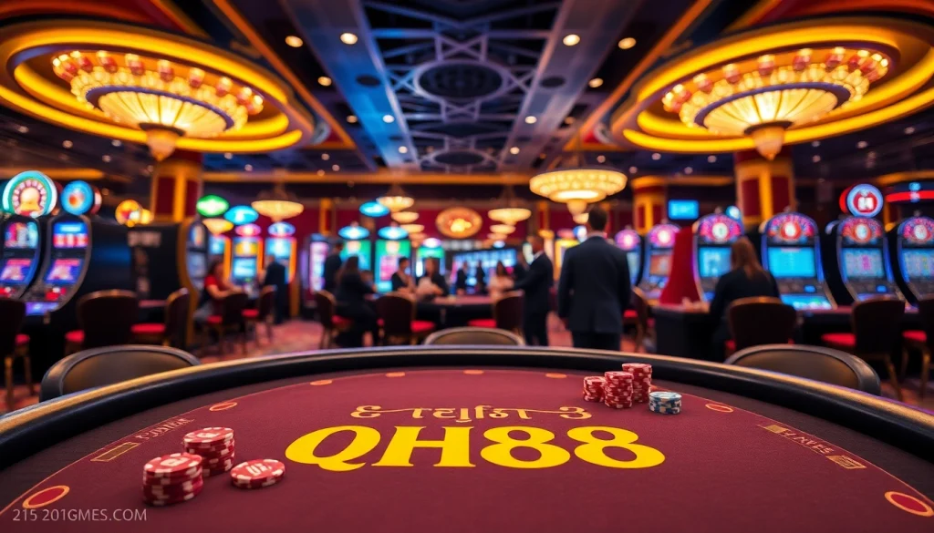 Exciting atmosphere at a QH88 poker table with vibrant colors and action.