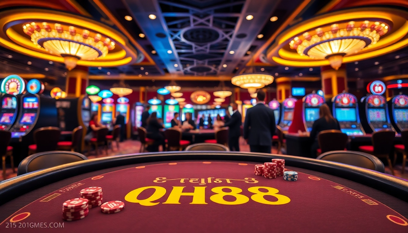 Exciting atmosphere at a QH88 poker table with vibrant colors and action.