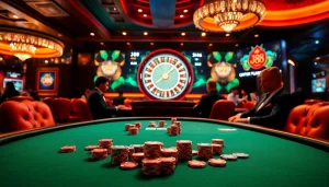 Players engaging in a high-stakes j88 poker game at a luxurious casino table.