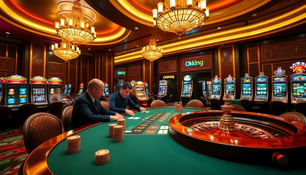 Gambling enthusiasts engage at the Okking luxury casino, playing poker with vibrant lights and roulette.