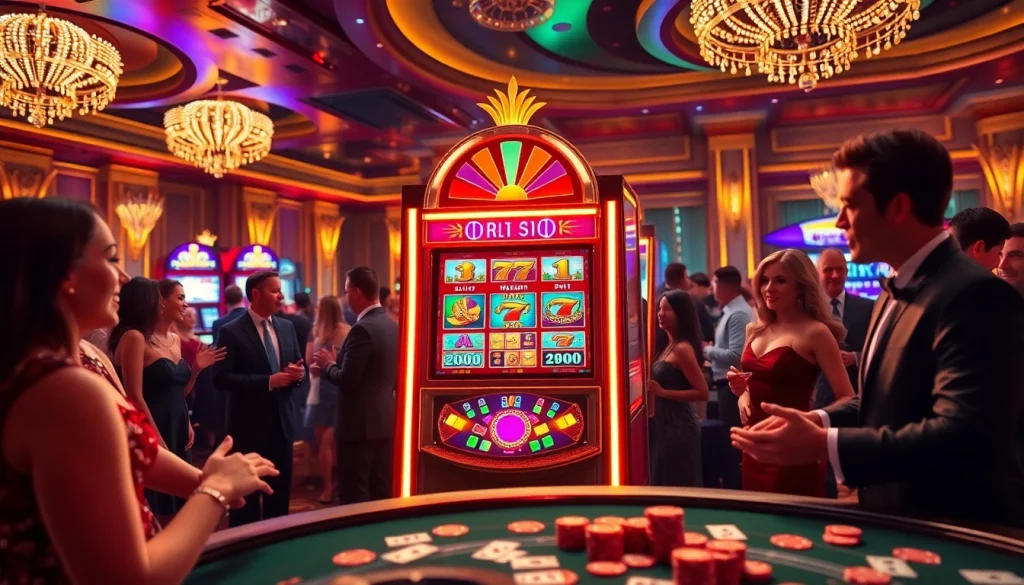 Engaging players at a lively casino enjoying slot777 games with vibrant slot machines.