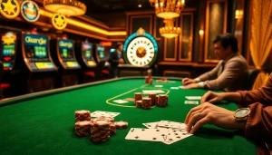 Soi kèo strategies displayed at an upscale casino poker table with illuminated slot machines.