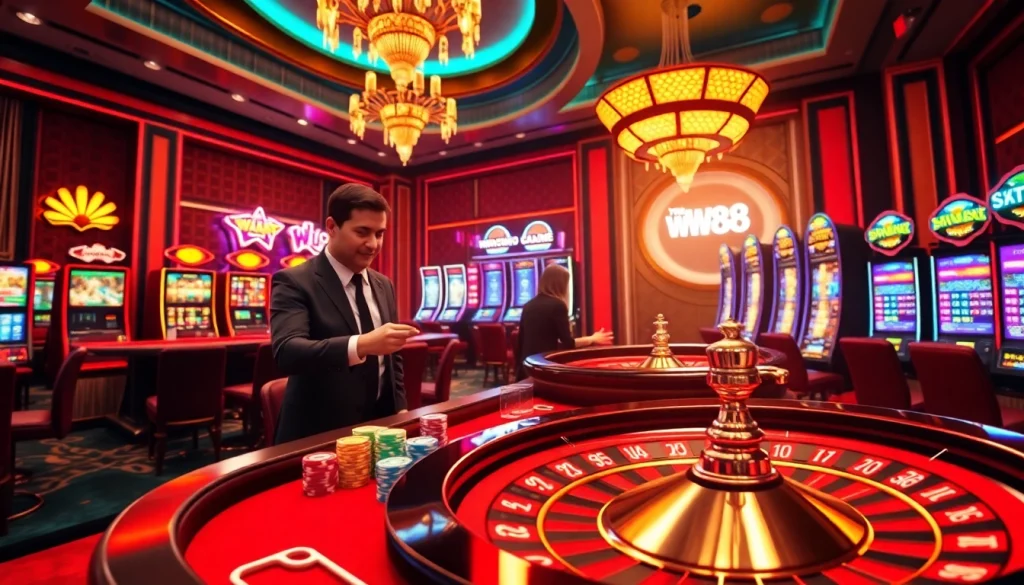 Experience thrilling gameplay at ww88 with an immersive casino backdrop featuring vibrant tables and slot machines.