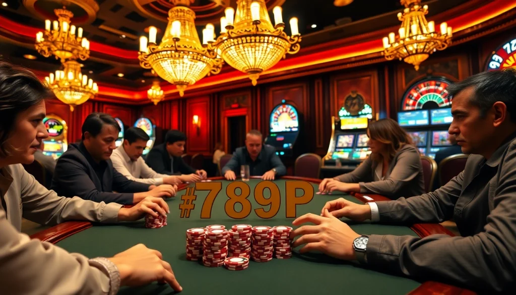 Players engaging in a high-stakes poker game at 789P casino, with vibrant chips and roulette wheel.