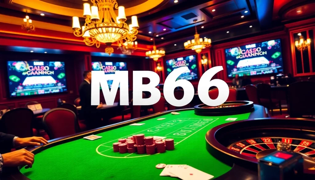 Experience high-stakes gambling at MB66 with vibrant poker games and elegant casino decor.