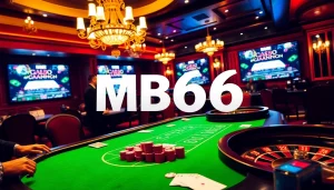 Experience high-stakes gambling at MB66 with vibrant poker games and elegant casino decor.