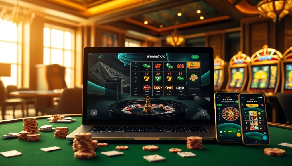 Experience engaging gameplay with amanahtoto in a luxurious online casino setting featuring vibrant tables and machines.