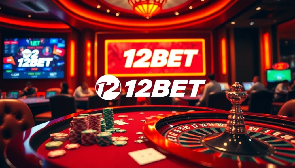 Experience live gambling excitement at 12BET with poker chips, cards, and roulette.
