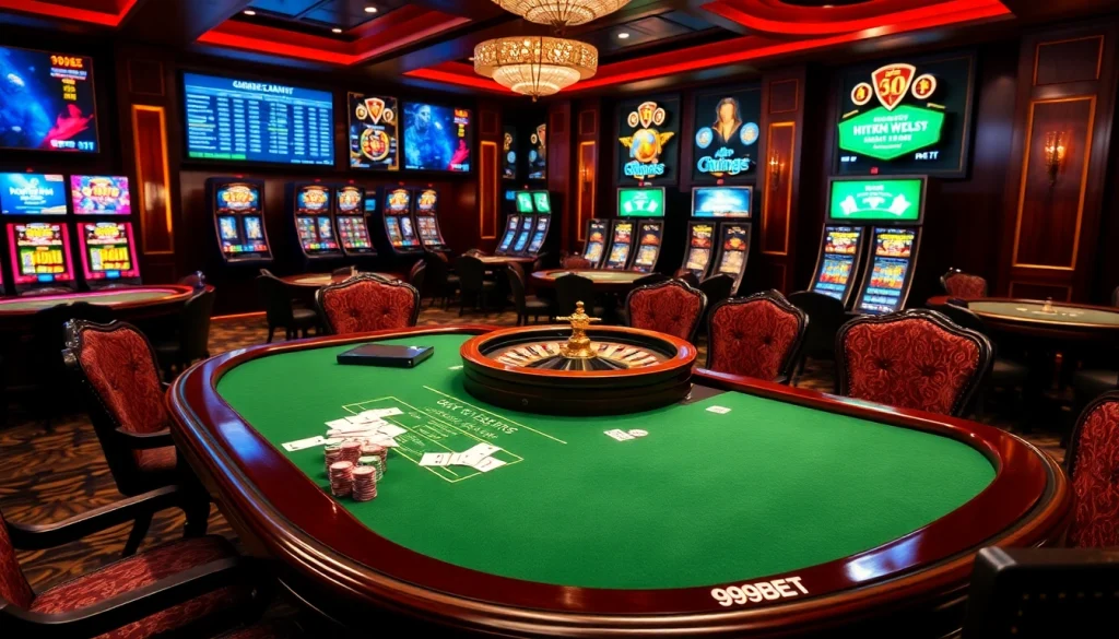Exciting 999BET gaming scene showcasing poker chips and casino tables.