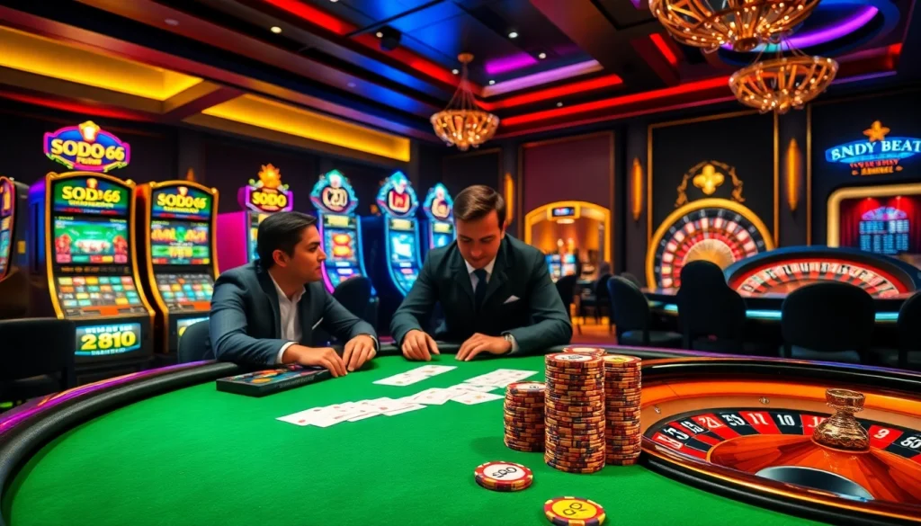 Experience the thrill of winning at SODO 66's luxurious poker table in a vibrant casino setting.