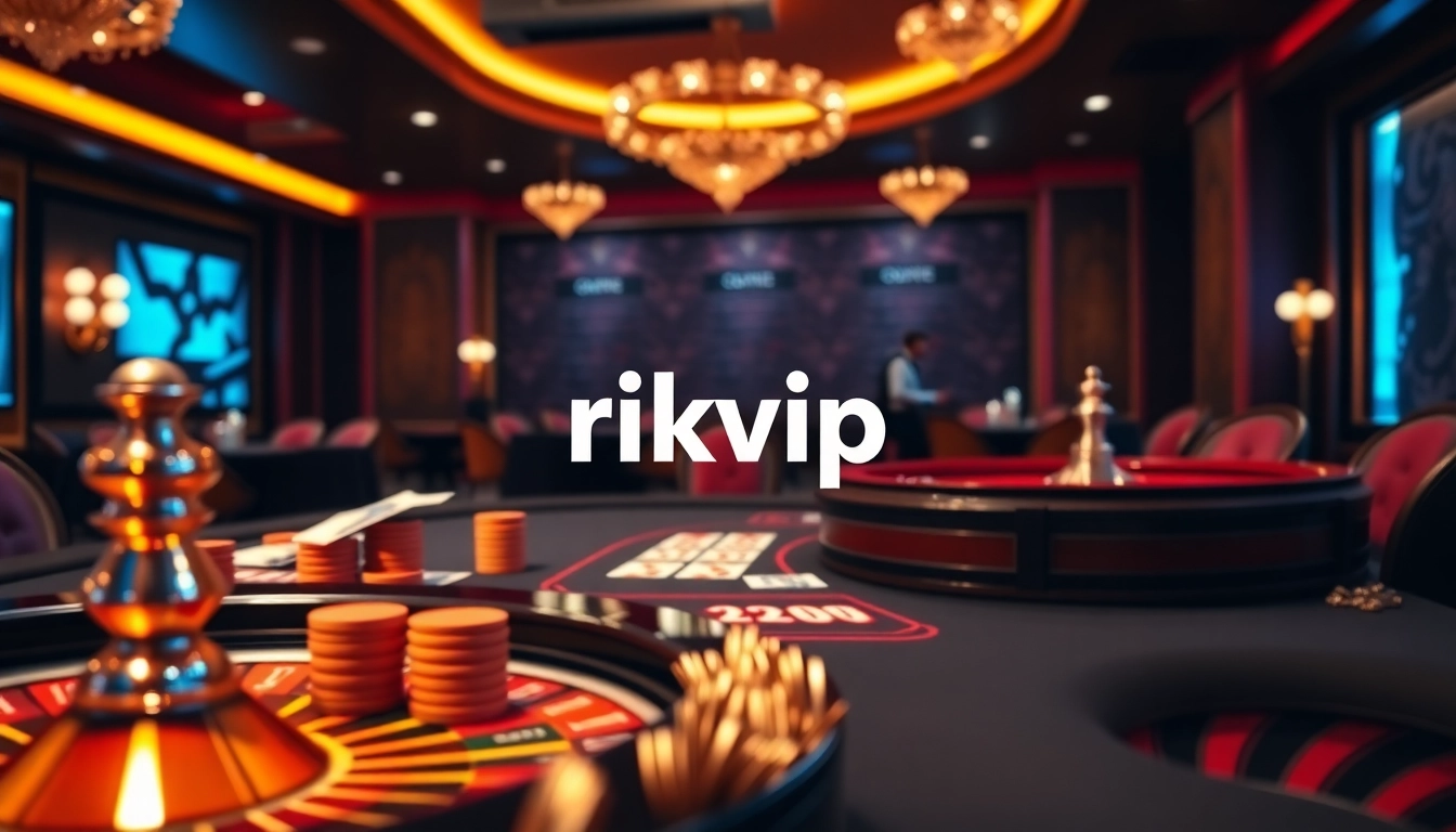 Engaging users with rikvip đăng nhập and a lavish casino scene showcasing poker and roulette.