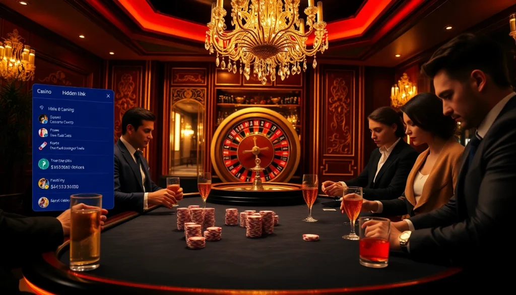 Engaging gamblers strategizing their next move at a luxurious poker table featuring a hidden wiki link display.