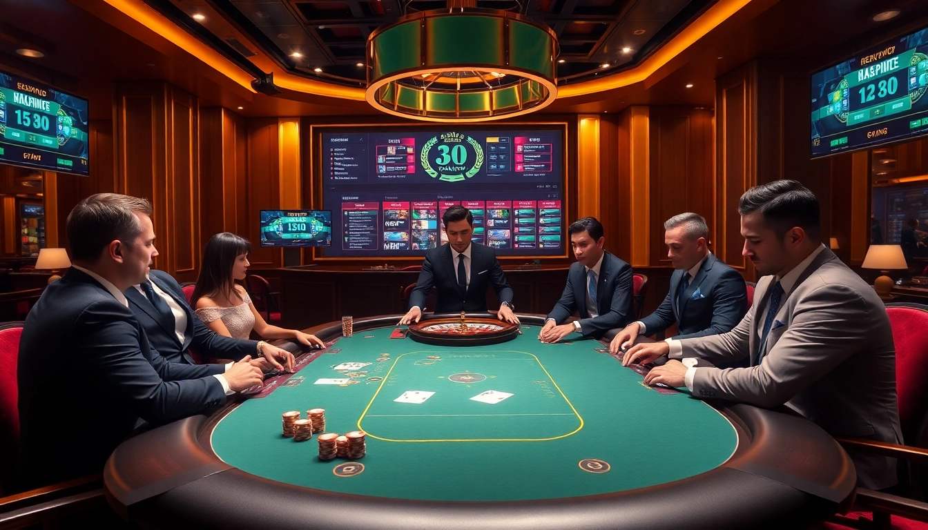 Exciting casino scene showcasing professional gameplay at nhà cái i8bet.com with poker chips and cards.