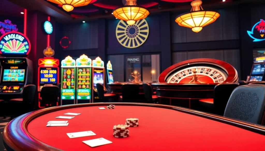 Players at NK88 enjoy thrilling poker action in a luxurious casino setting with vibrant slot machines.