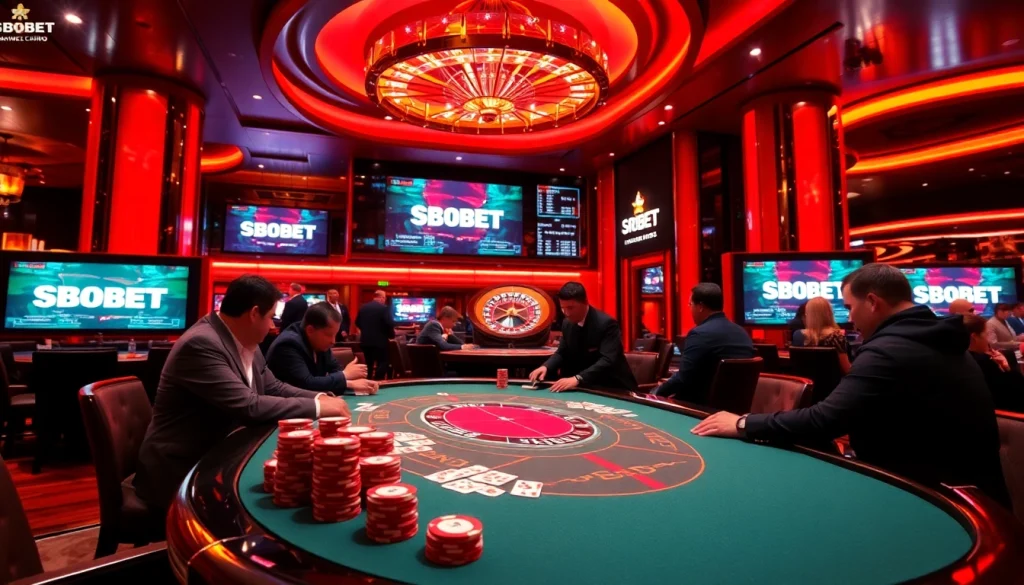SBOBET poker players engaged at a luxurious casino table with vibrant lighting.