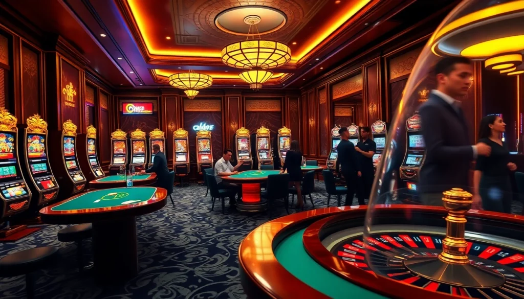 Exciting gaming scene at king88 vina with vibrant slots, poker tables, and enthusiastic players.