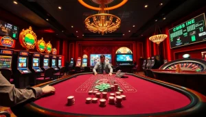 Experience the excitement of tr88 bet at a vibrant casino scene with poker tables and lively gaming action.