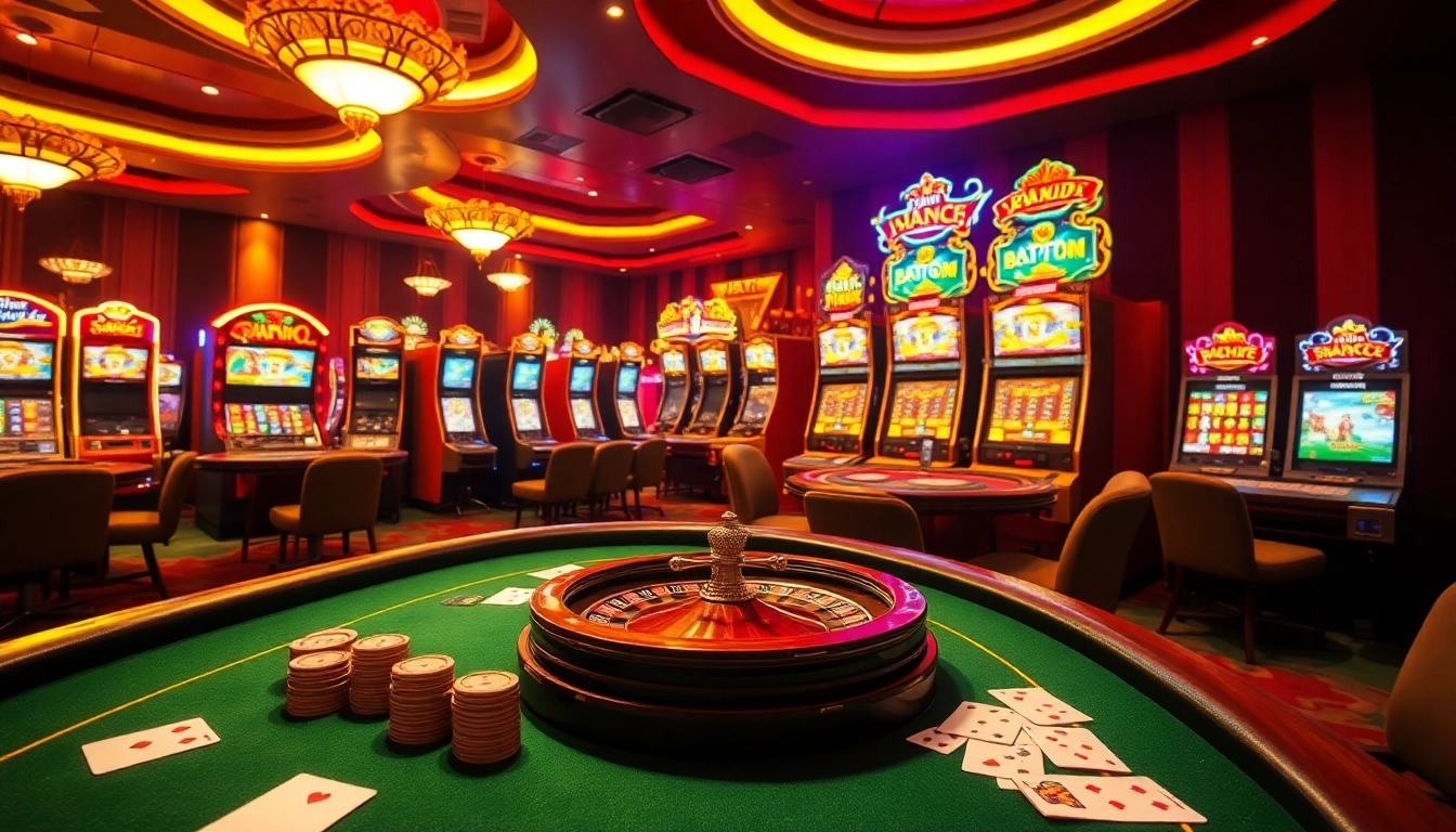 Experience the thrilling gaming atmosphere at 78WIN with vibrant slot machines and poker tables.