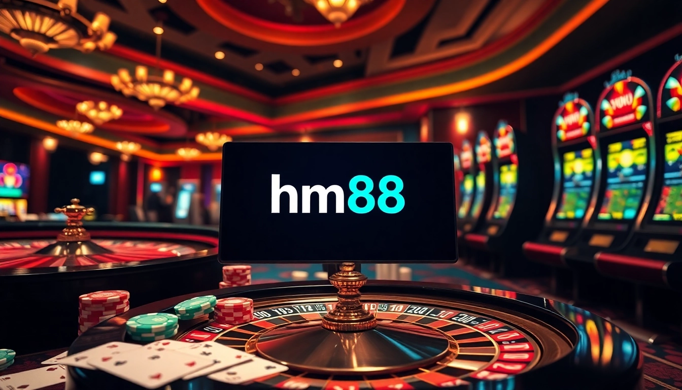 Experience the lively casino excitement with hm88 featuring poker chips and slot machines.