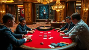 Exciting poker action at a luxury casino featuring Nhacaiuytin elements, showcasing high stakes and elegance.