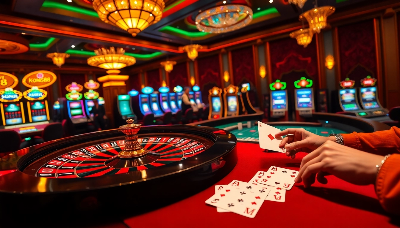 KONG88 roulette wheel and casino table setting inviting players to experience high-stakes gaming.