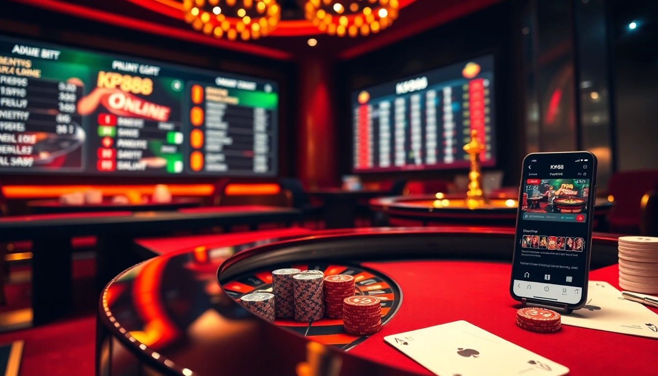 KP88 casino scene featuring luxurious gaming tables and vibrant online betting.