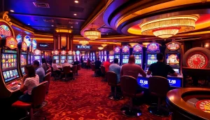Playing thrilling slot88 machines in a vibrant casino atmosphere filled with excitement.