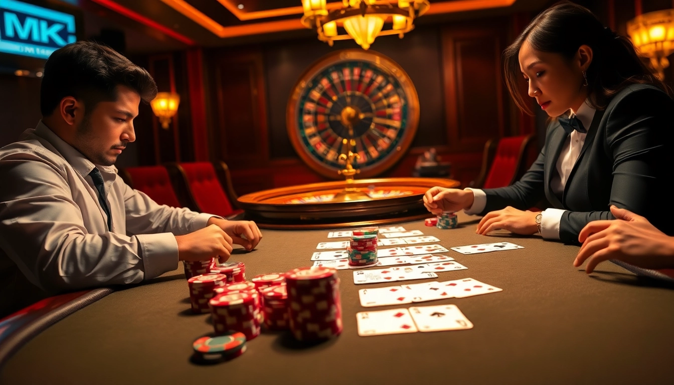Experience high-stakes gambling at MK8, showcasing a luxurious poker table and engaging players.