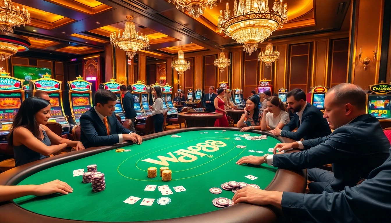 Players enjoying a thrilling game at a WW88 casino table, exuding excitement and luxury.