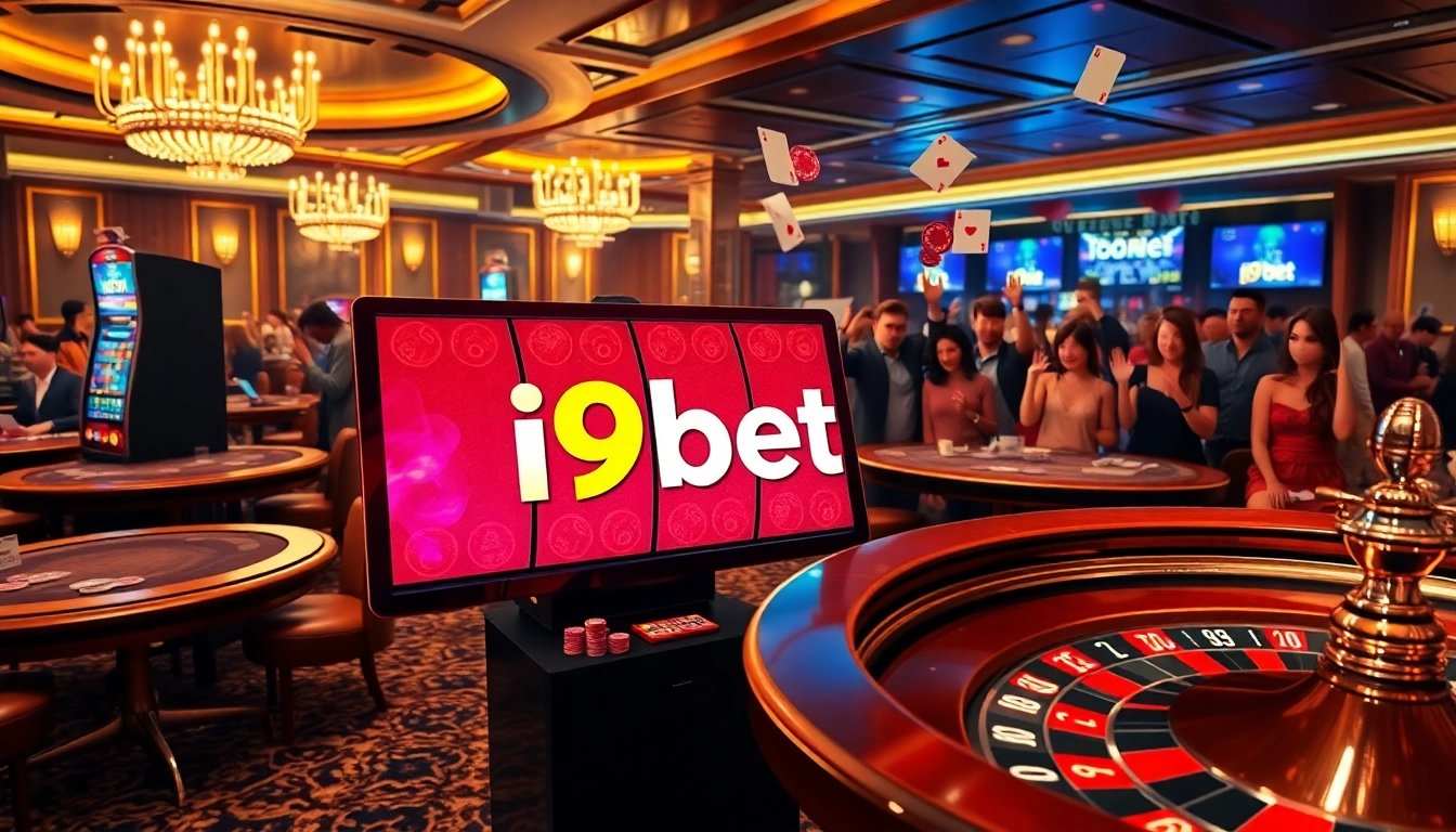 Excited players engaging in online gambling at i9bet's luxurious casino scene.