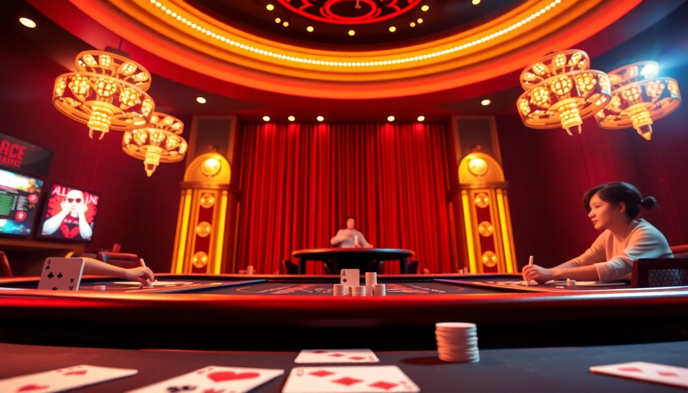 Cổng game bài đổi thưởng featuring an exciting digital casino environment with players engaged in card games like Poker and Blackjack.
