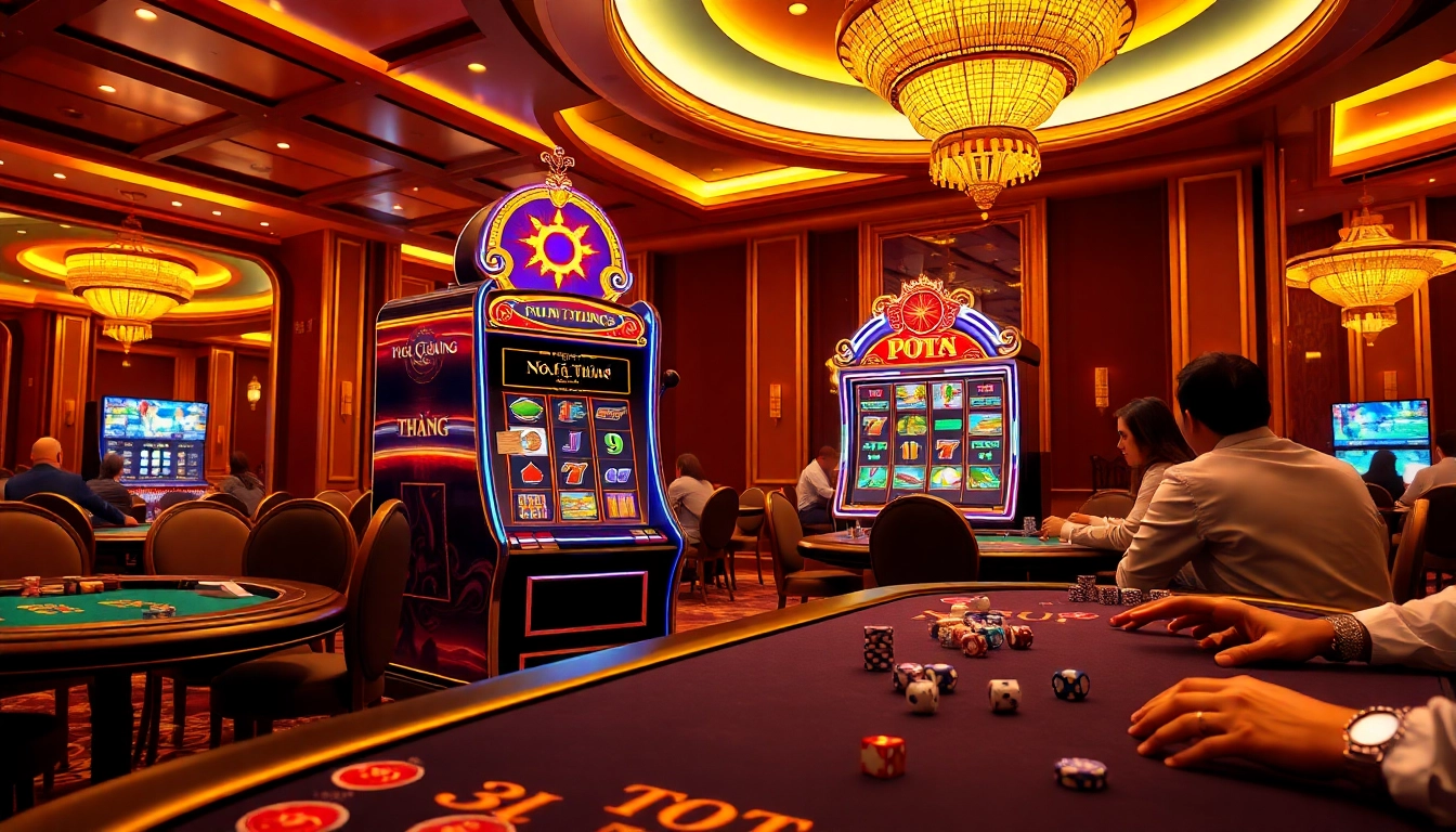 Nổ Hũ Đổi Thưởng players engaging at a vibrant casino slot machine surrounded by poker chips and tables.