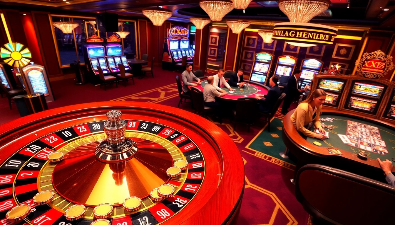 Experience the thrill at nhà cái XX88 with a glamorous casino scene featuring luxurious roulette and poker games.