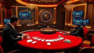 Experience thrilling gameplay at https://bem88.com with a luxurious casino setting featuring blackjack and roulette.