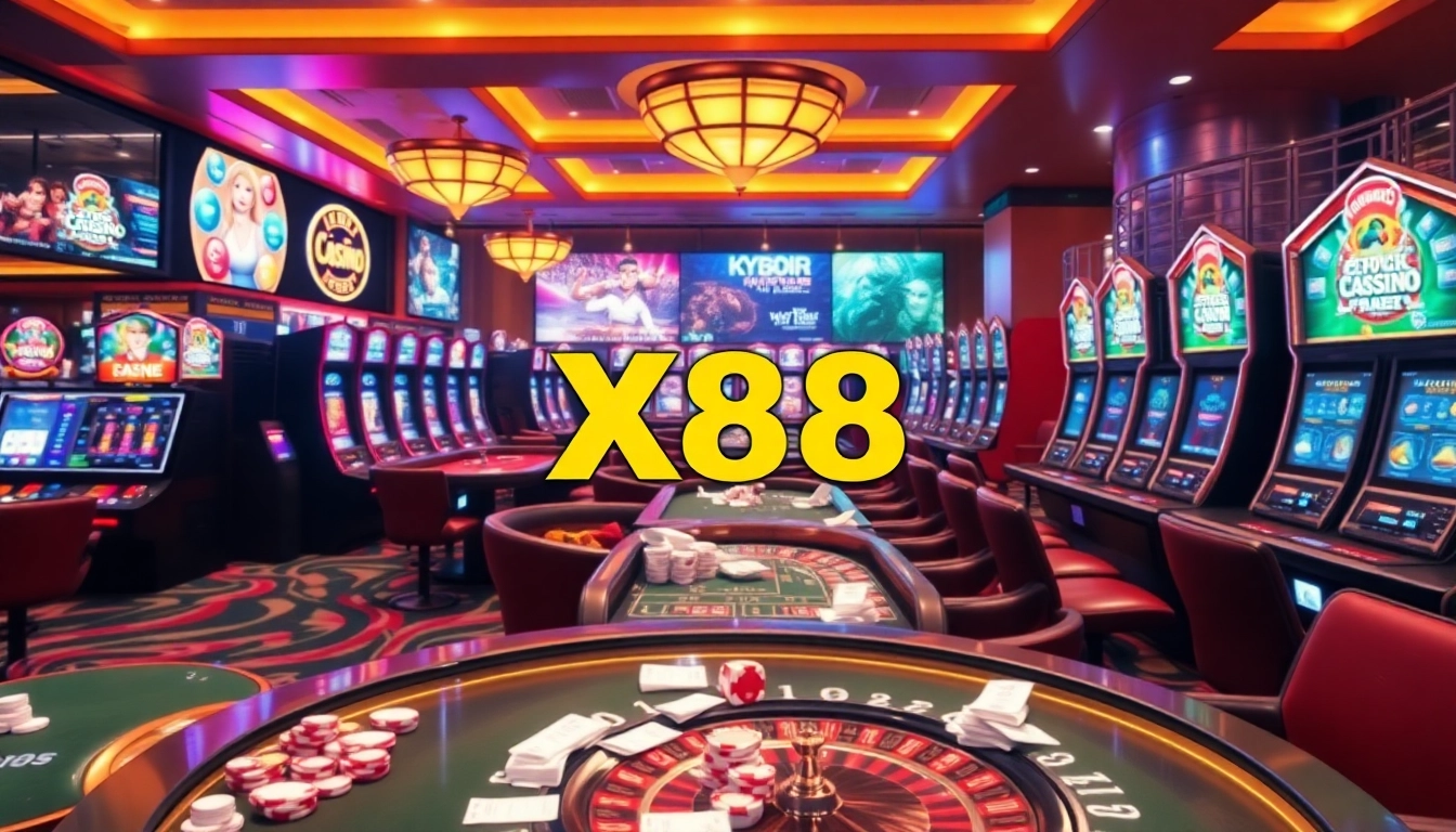 X88 offers exhilarating gaming experiences at luxurious casino tables with vibrant machines.
