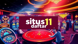 Situs11 daftar shows players engaging at a poker table in a luxurious casino scene with colorful gaming elements.