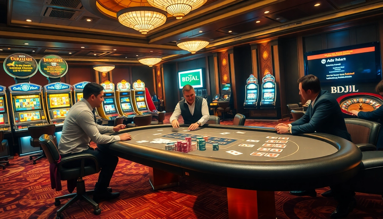 Experience the thrill of gambling at BDJL's luxurious poker table with vibrant action and excitement.