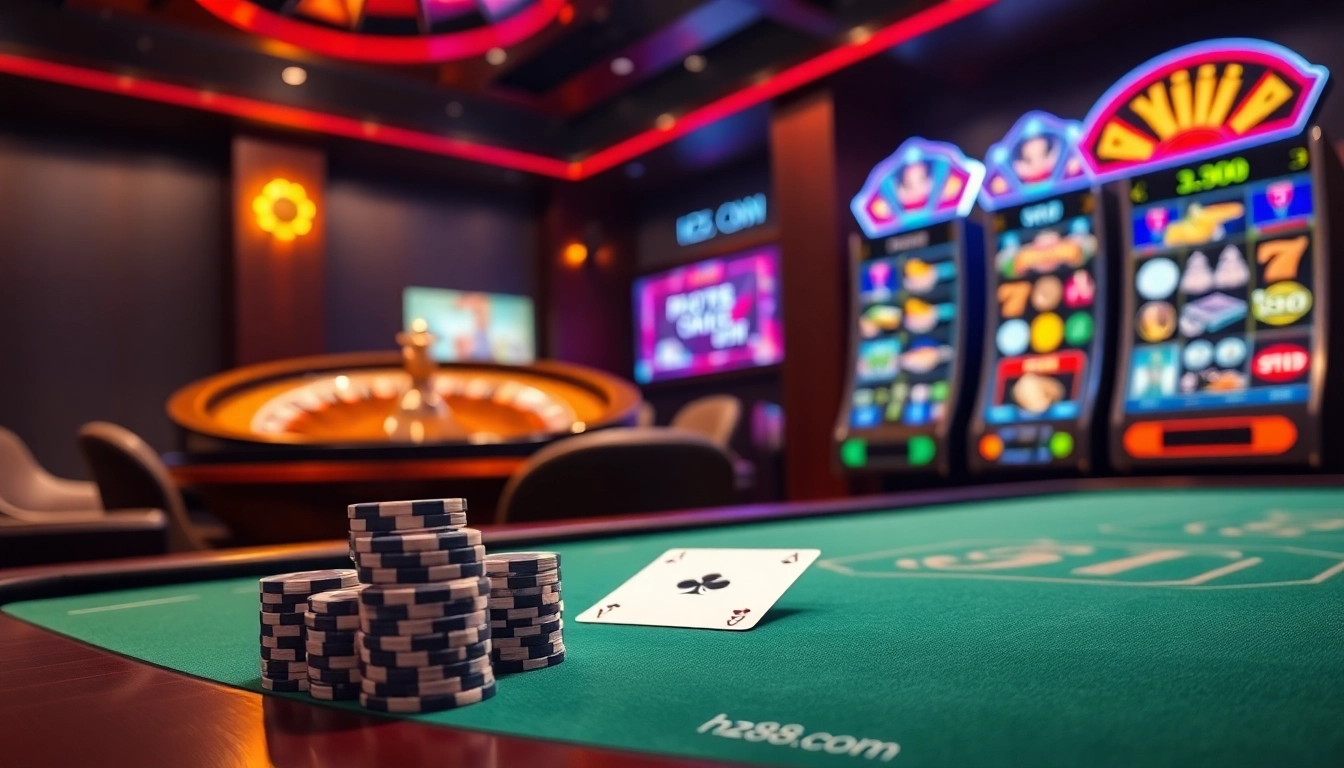 Professional gambler placing strategic bets at a luxurious hz88.com poker table with glowing roulette and slot machines