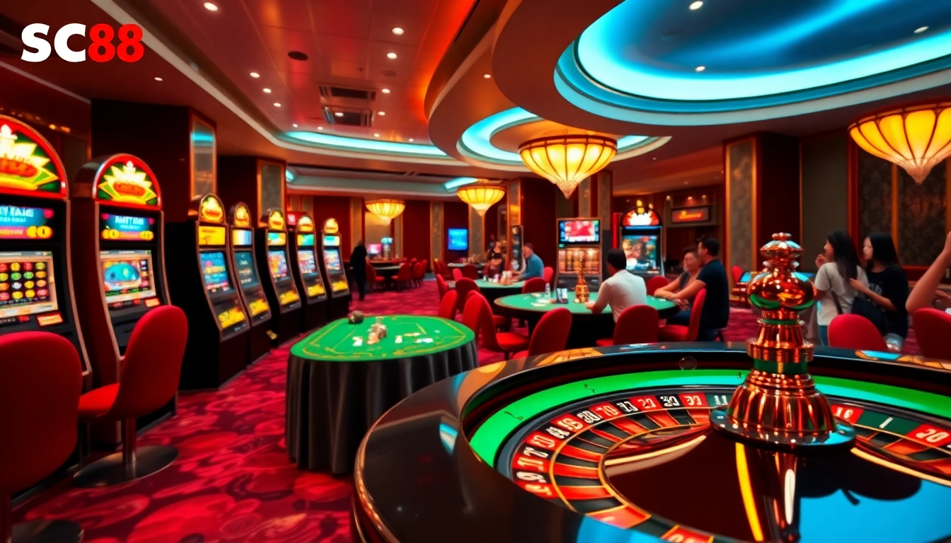 Thương Hiệu SC88 showcases a luxurious casino scene with poker tables and vibrant slot machines.
